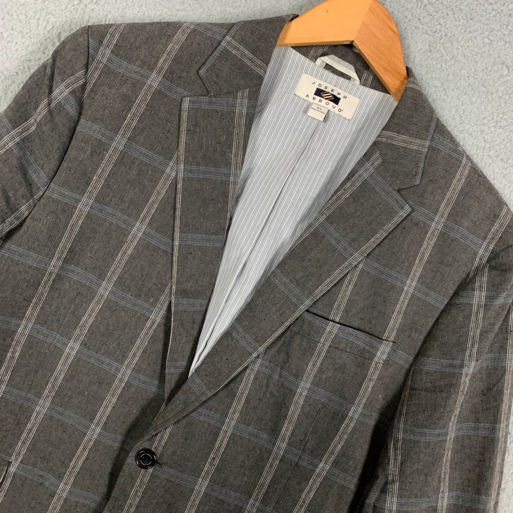 Joseph Abboud Windowpane Blazer Mens XL Grey Linen Blend Plaid Sport Coat Jacket
